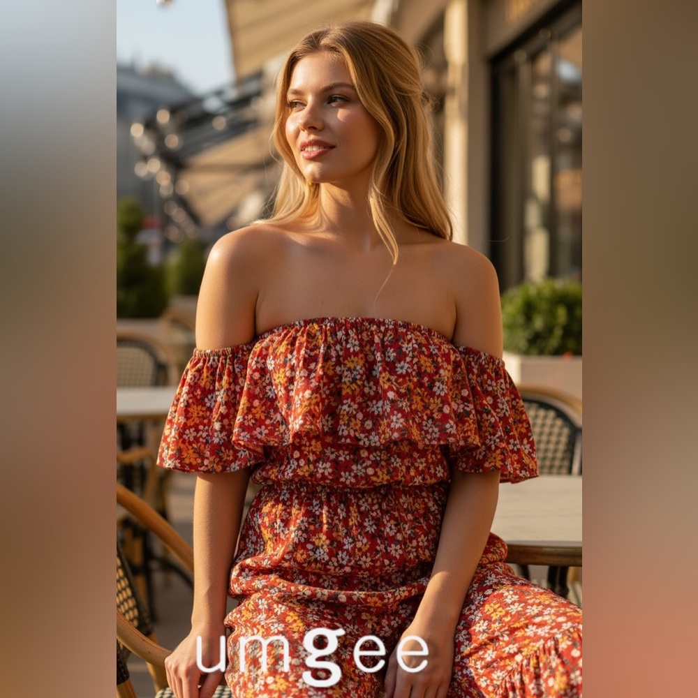 Umgee size Small Strapless Floral Wide-Leg Jumpsuit - Red Multi Cottage-Core NWT - Picture 3 of 7